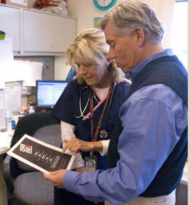 Ted Epperly MD right CEO and program director Family Medicine Residency of Idaho discusses the Give Me Five stroke recognition program with nurse manager Signe Blackman RN