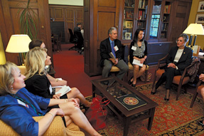 Delegates and guests of ACPs Pennsylvania Chapter talk to Rep Allyson Schwartz D-PA in her office from right to left Christine Bui medical student Evan Pollack MD FACP Jenna Peart medical