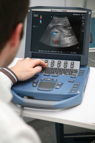 Doppler sonography of a patients kidney and renal artery being performed with a portable ultrasound system Photo VendomeCardslashAstier