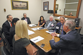 Rep Gene Green D-Texas right and a staffer clockwise left meet with Kevin K Kurian an ACP Medical Student Member Texas ACP Chapter president Alejandro Moreno MBBS MPH JD FACP Robert Jac