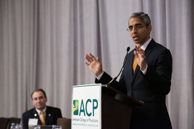 Former US Surgeon General Vivek H Murthy MD MBA speaks to Leadership Day attendees about the professions role in advocacy Physicians have the courage to tip the balance away from fear 