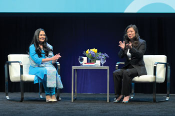 Mukta Panda MD MACP left and Tammy L Lin MD MPH FACP converse at Internal Medicine Meeting 2022 about the importance of belonging to well-being in medicine Image by Kevin Berne