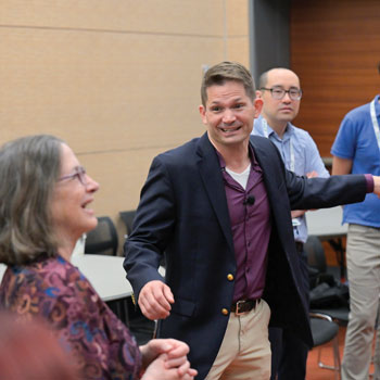 Carrie A Horwitch MD MPH MACP far left and John-Michael Maury BMEd second from left taught physicians medical improv techniques that can help improve their communication with patients famili