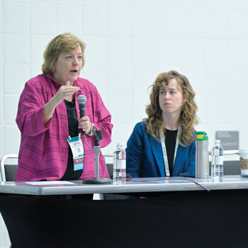 Melissa McNeil MD MPH MACP left along with panelists Katie Gavinski MD MPH MS ACP Member right and Eliana Bonifacino MD MS not pictured discuss the constantly evolving nature of clin